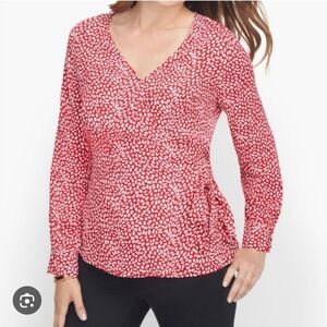 Talbots Women Size XLP‎ Wrap Blouse with Side Tie Red/White Leopard Print